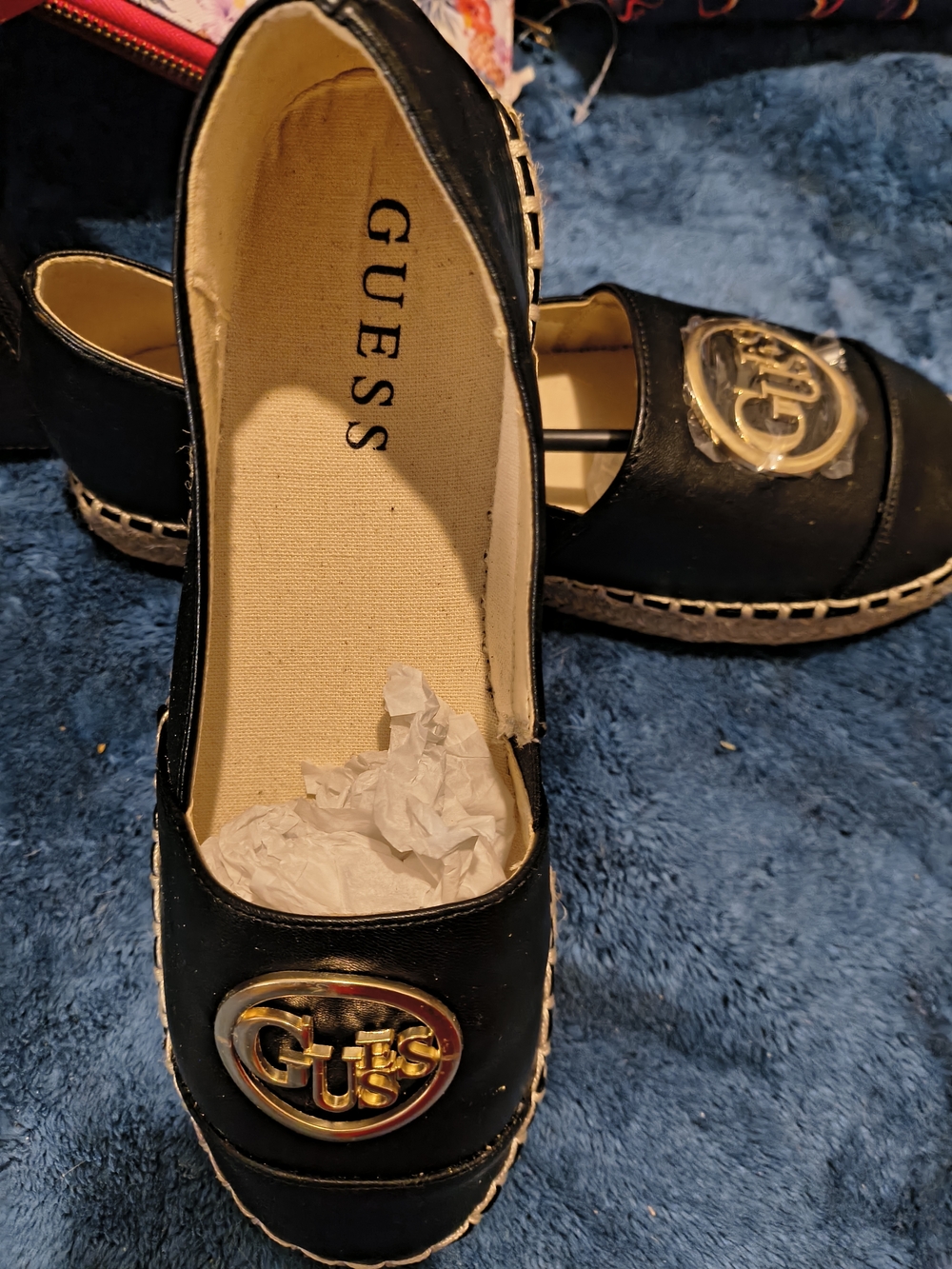 GUESS Black Slip-On Espadrille Flats with Gold Logo Emblem